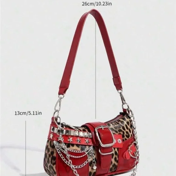 Red Leopard-Accent Shoulder Bag with Buckle & Charm - Picture 4 of 5
